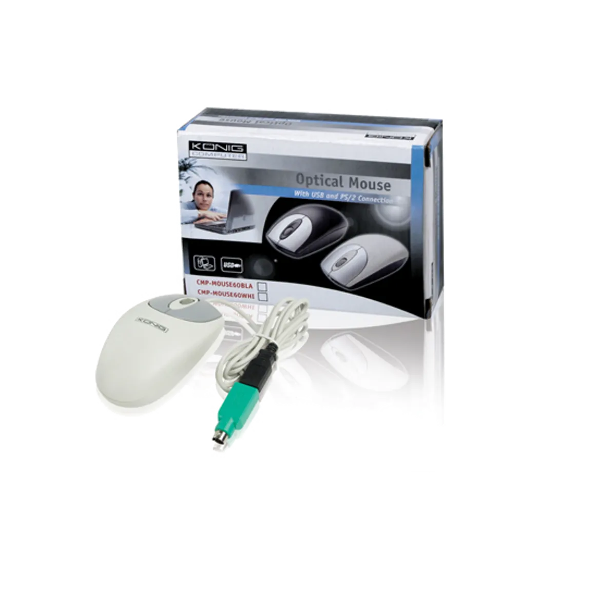 Konig Miš optički, 1000dpi, USB i PS/2, boja bijela - CMP-MOUSE 60WHI