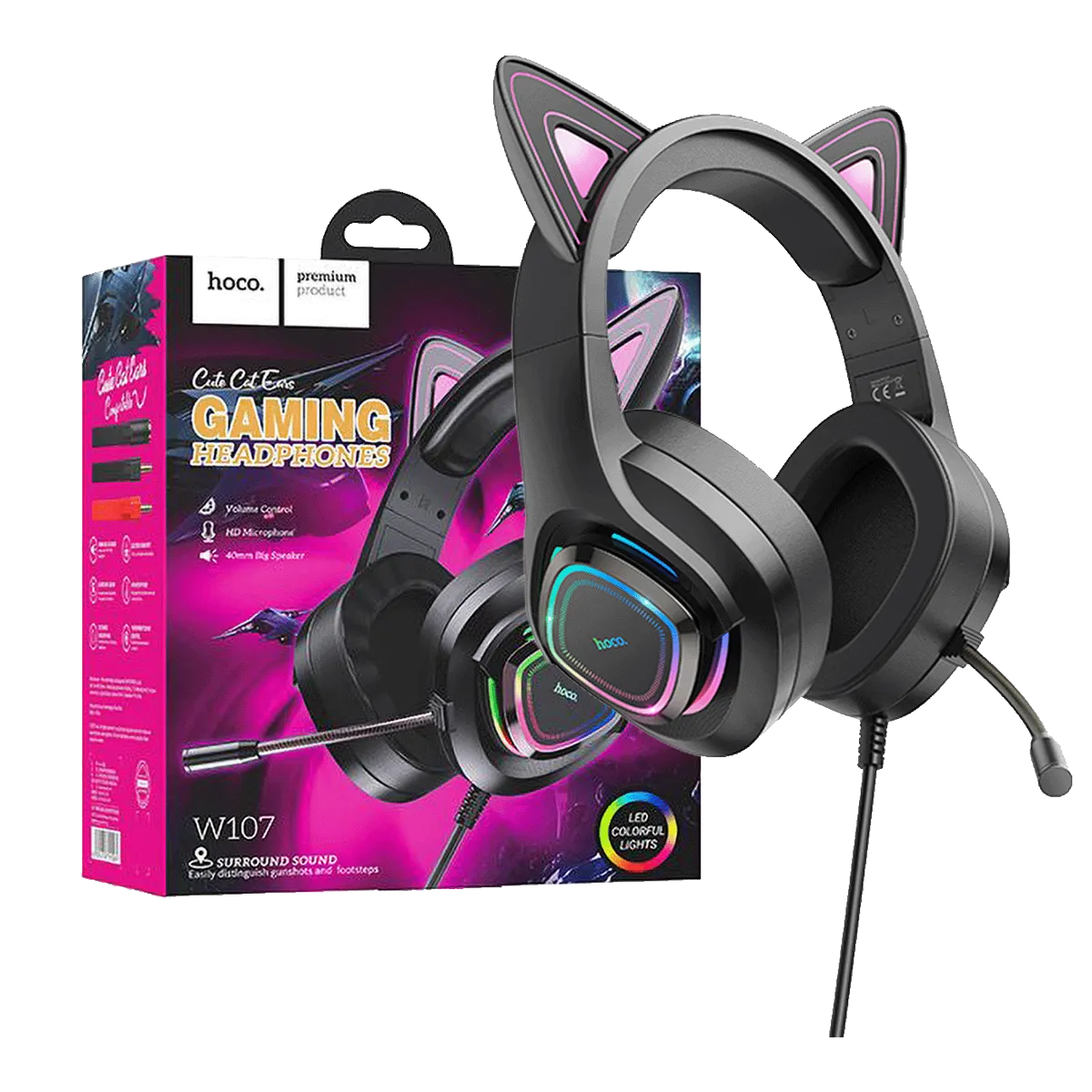 hoco. Slušalice sa mikrofonom, gaming, USB/3.5 mm, LED - W107 Cute Cat Black/Pink