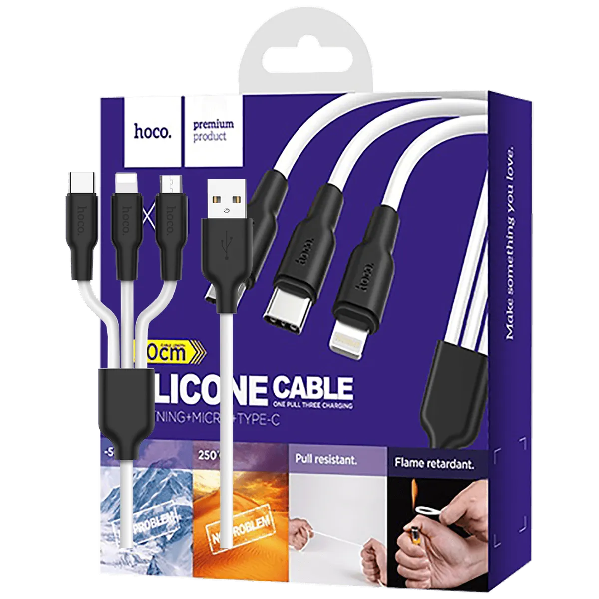 hoco. USB kabl, 3in1, microUSB, type C, Lightning, 1.2 met., 2 A - X21 Silicone 3in1, Black/White