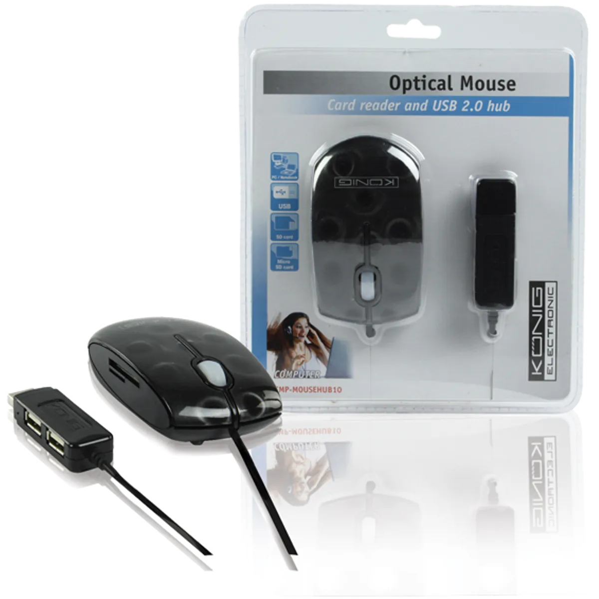 Konig Optički miš 800dpi + 2 x USB HUB i čitačem kartica - CMP-MOUSE HUB10