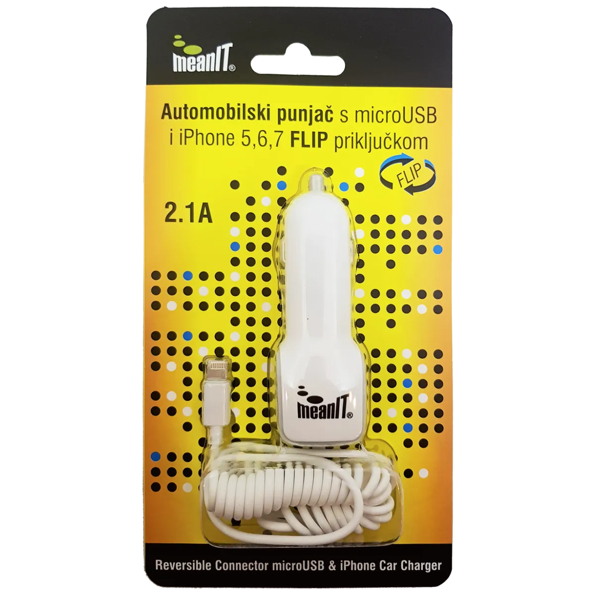 MeanIT Auto punjač za smartphone/iPHONE, 2.1A, FLIP konektor  - AUTO PUNJAČ SMARTPHONE/iPHONE
