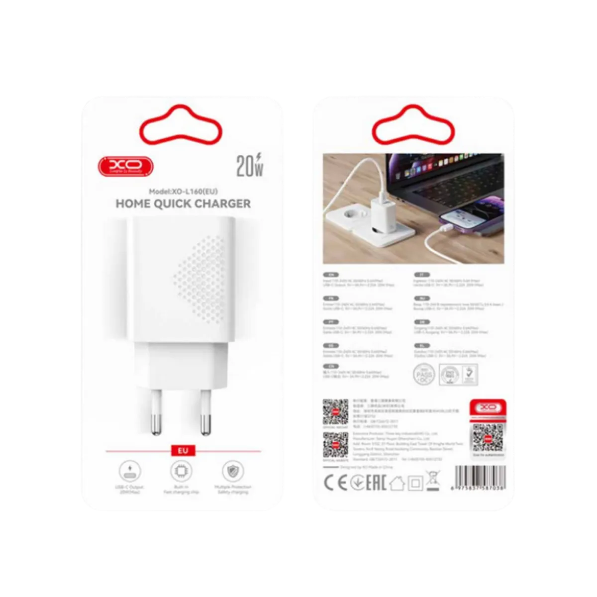 Kucni punjac XO L161 USB-C + USB A 20W PD White - glava