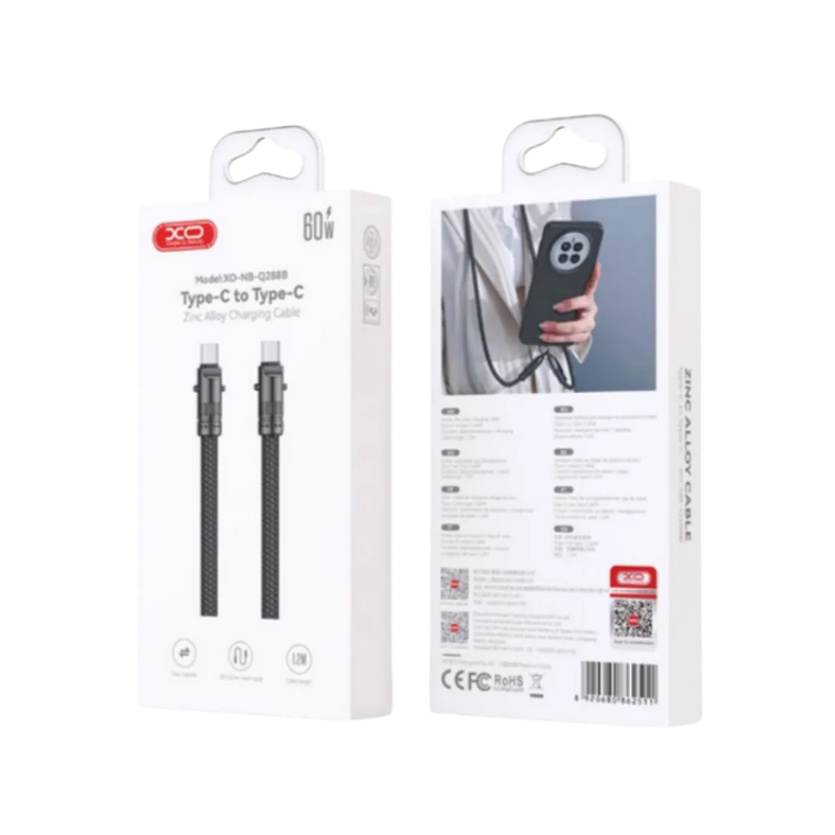 USB kabal XO NBQ288B Type C - Type C 60W Lanyard-uzica Black