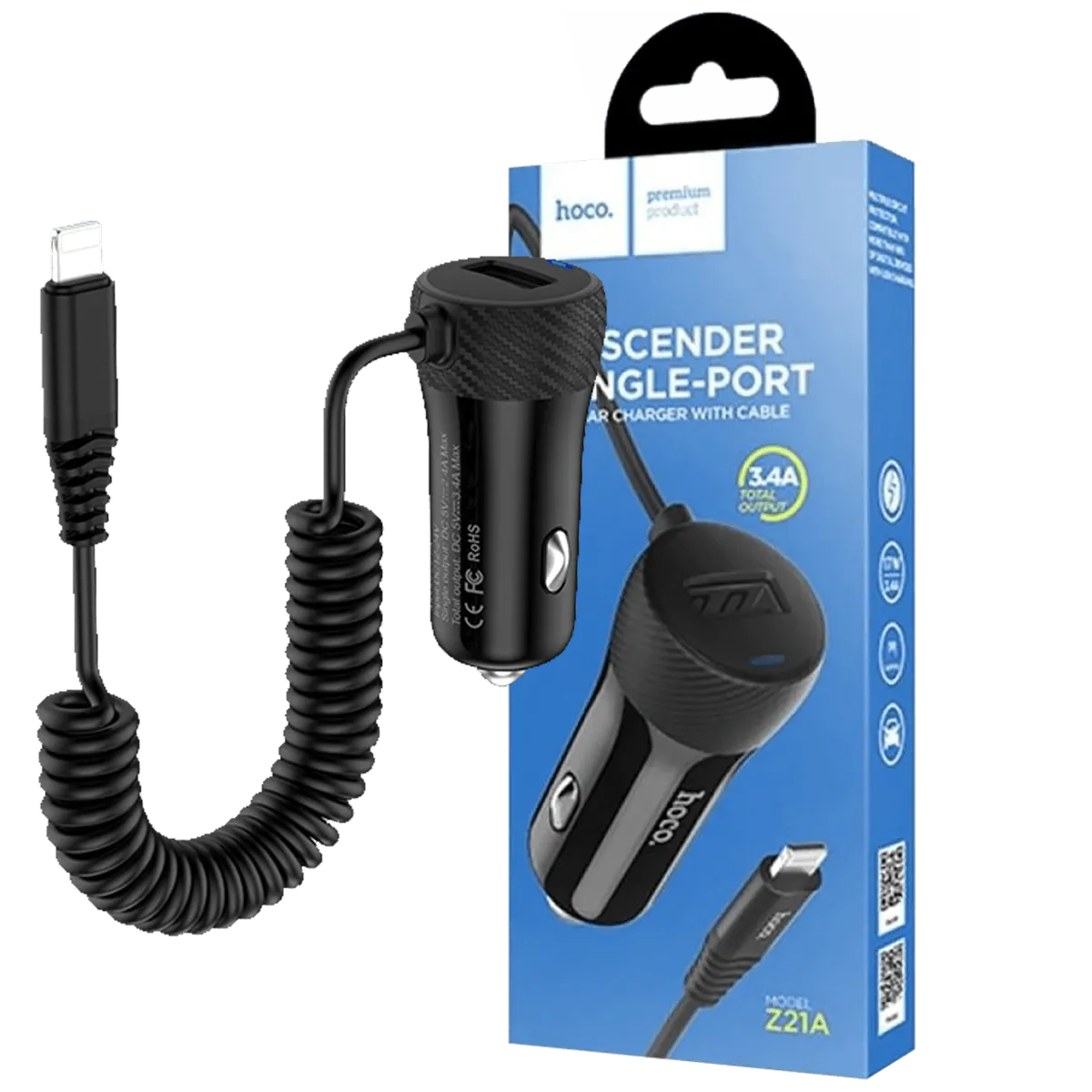 hoco. Auto punjač za Lightning kabelom,  1 x USB, 2.4 A max. - Z21A Ascender Lightning